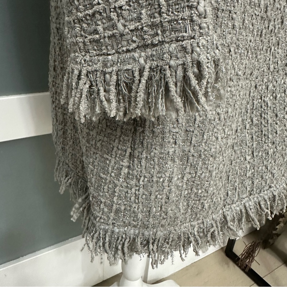 VERTIGO PARIS Gray Tweed Fringe Wool Blend Coat Jacket SZ S Grey Longer Length - Picture 5 of 8